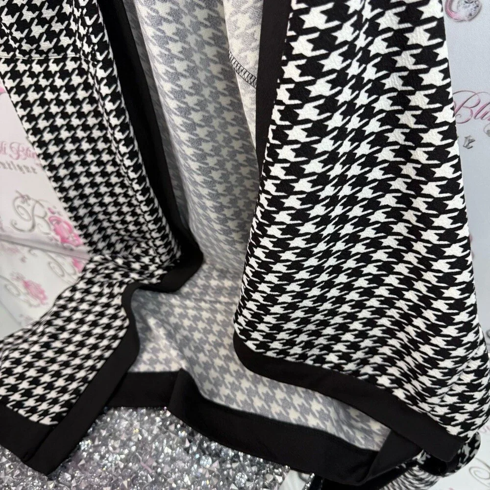 Cardigan long style color block Black and White Houndstooth Long Cardigan